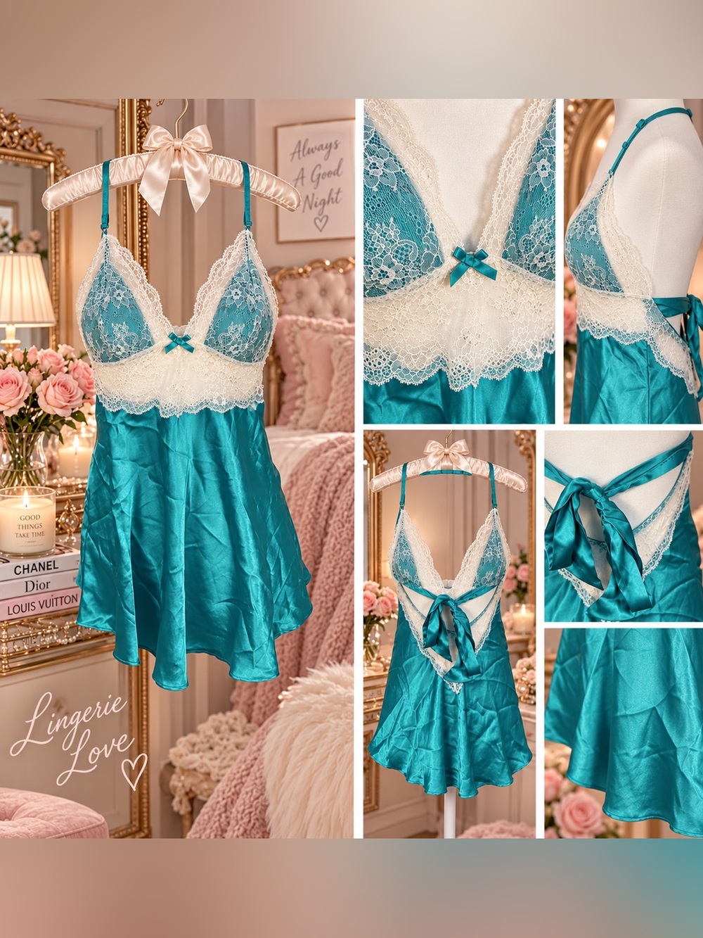 *Victoria's Secret* Sz M Teal Satin Chemise with Ivory Lace Trim